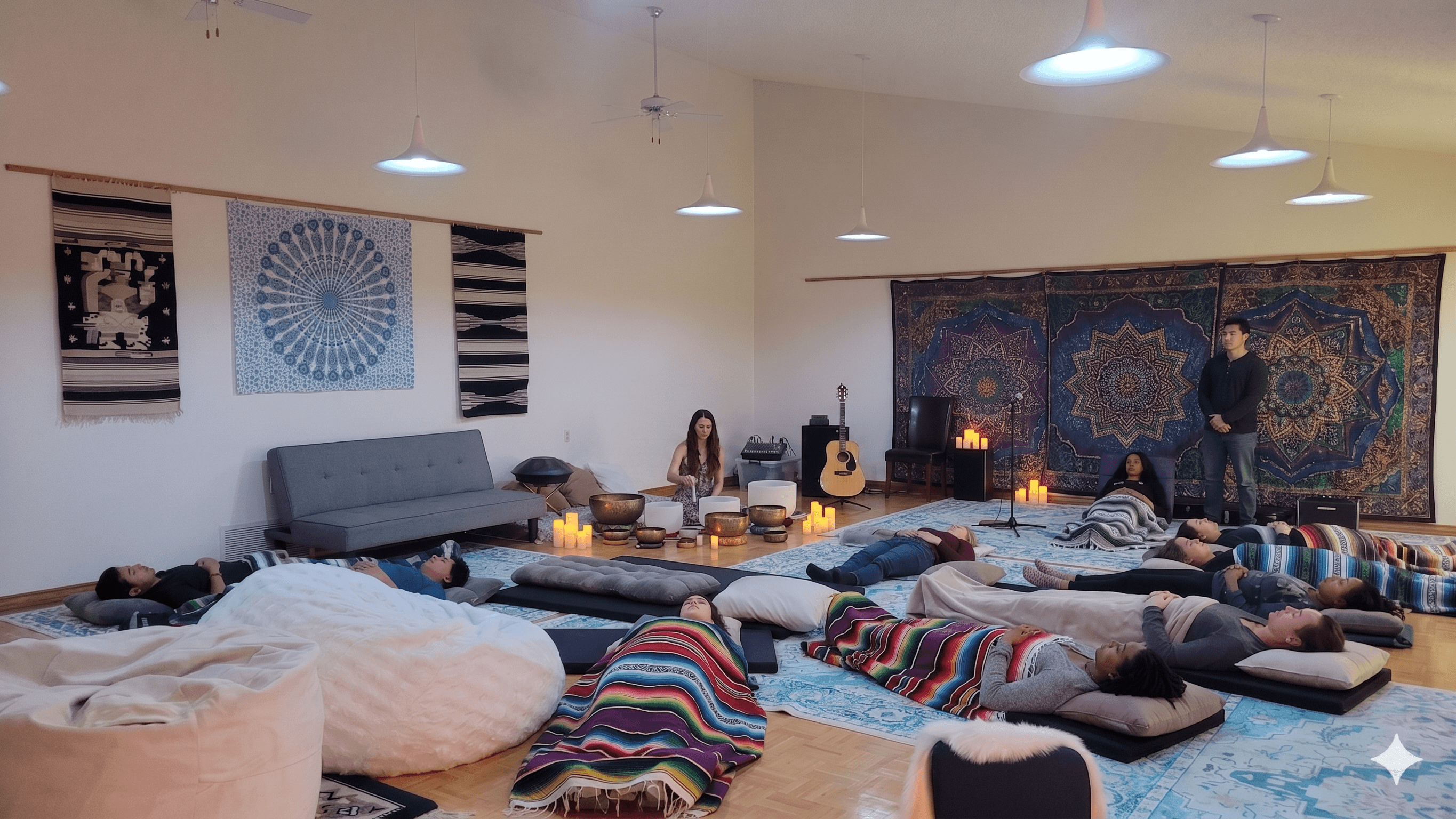 Guests lying on mats with eyes closed during a sound bath, candles lit, facilitator with bowls in front of mandala tapestries